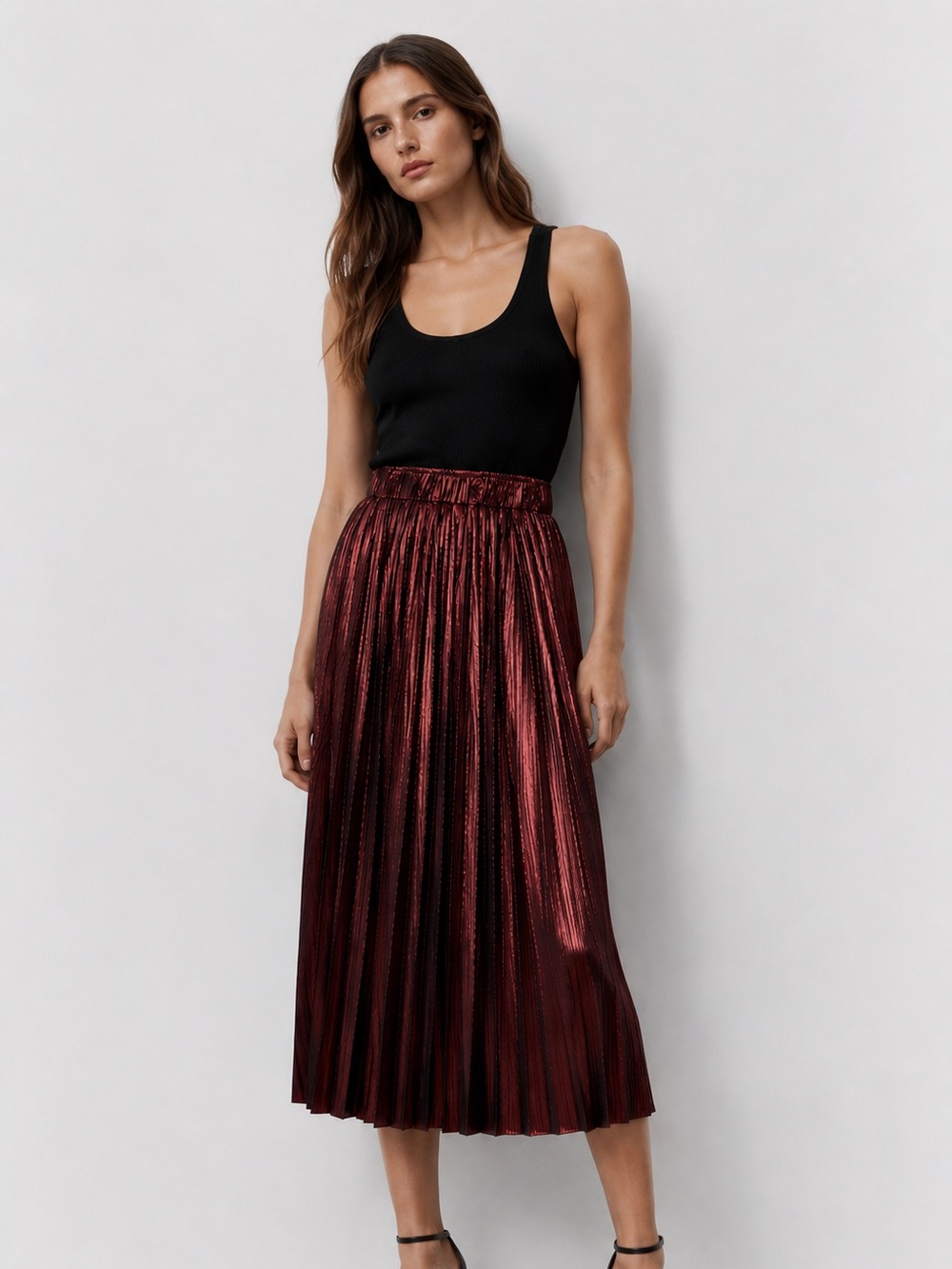 MOLLY BRACKEN Shimmery Wine Pleated Midi Skirt Size XS Like New